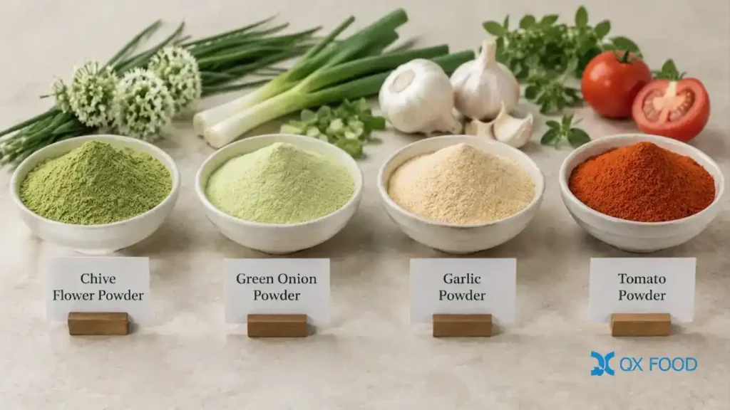 Premium Chive Flower Powder: Clean-Label Herbaceous Seasoning for Instant Foods & Savory Formulations 6 Related botanical ingredients for Chive Flower Powder including onion scallion garlic and tomato seasoning options for B2B formulation review