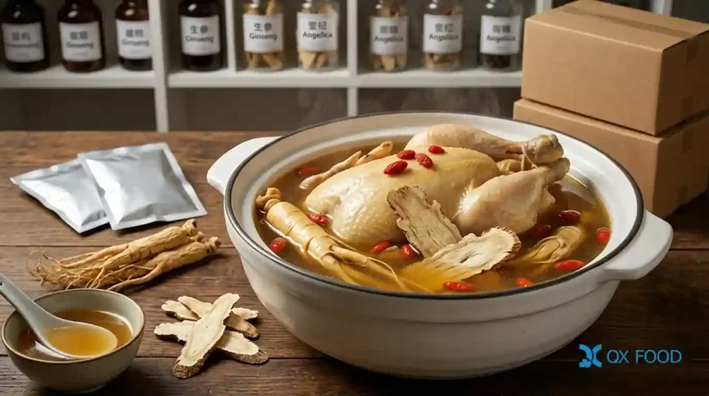 Rich clear herbal chicken soup broth simmered using AGSM-K22 whole ingredient soup pack in catering kitchen