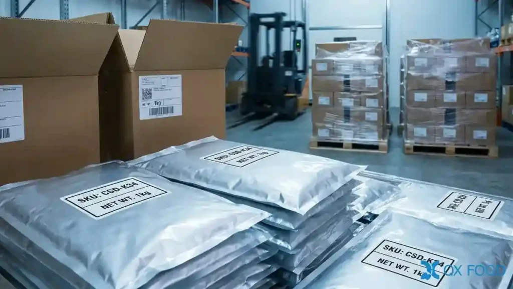 Chia Seed Salad Dressing Wholesale CSD-K34— B2B Bulk&OEM Supplier 5 Wholesale cartons and aluminum foil bags of CSD-K34 dressing arranged on export shipping pallets