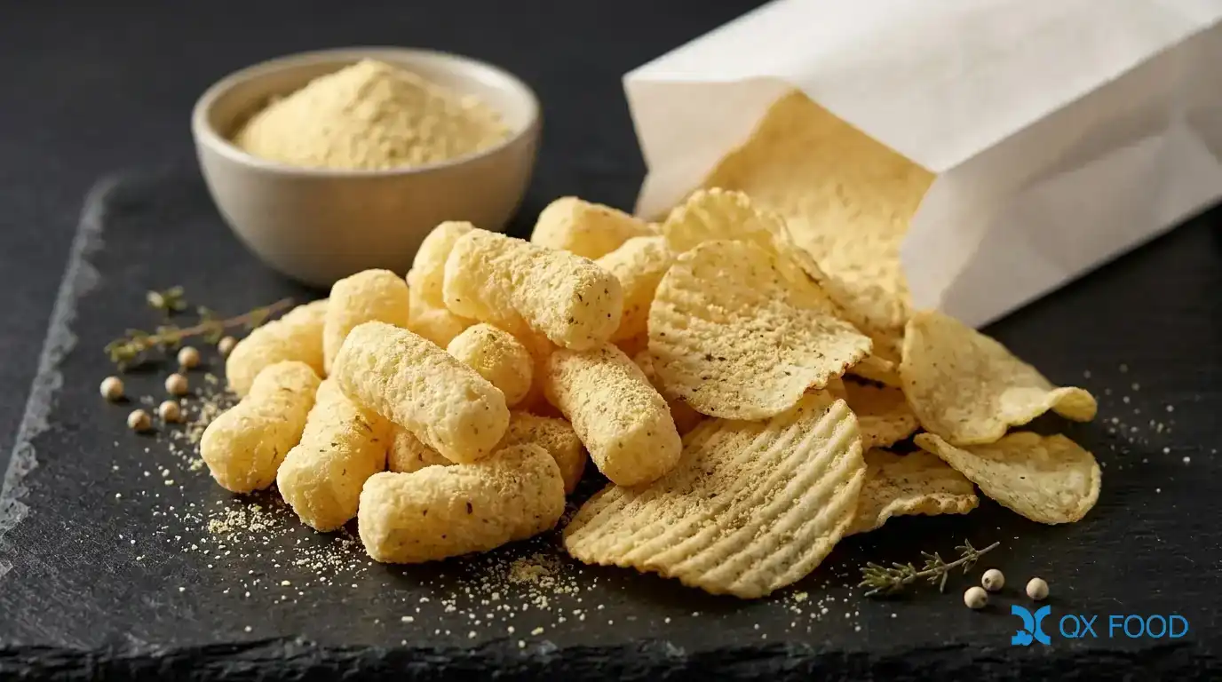CFP-H19 Industrial Compound Chicken Seasoning Powder for B2B Food Manufacturers 2 Chicken seasoning powder CFP-H19 applied on puffed snacks and chips showing natural chicken flavor coating industrial seasoning B2B application