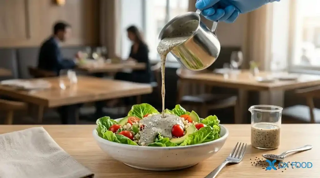 Chia Seed Salad Dressing Wholesale CSD-K34— B2B Bulk&OEM Supplier 4 Creamy low fat chia seed dressing being drizzled onto a fresh commercial green salad bowl