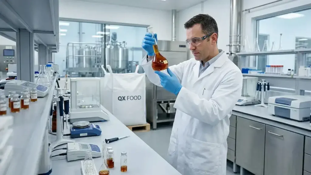 Food scientist in R&D laboratory developing custom HVP solutions at QX FOOD factory