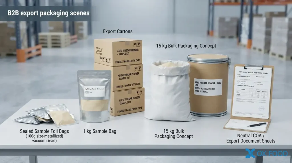 Aged Vinegar Powder for Instant Seasoning and Sauce Packets VNP-H08 6 Aged vinegar powder packaging sample bags cartons fiber drum COA and export documents for B2B buyers