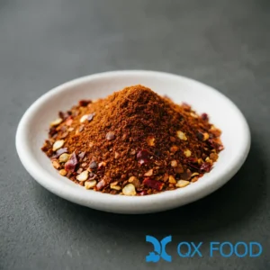 Coarse chili powder CCP-C15 -- reddish-brown coarse grind with visible chili particles in white ceramic sample dish