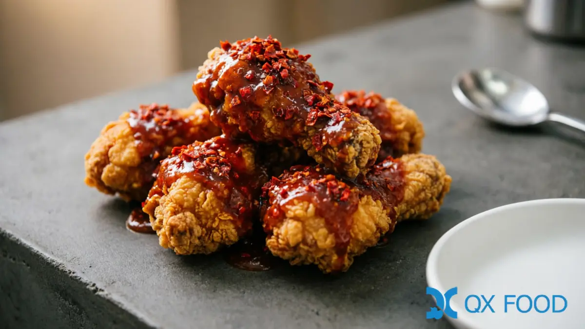 CF-C20 chili slices on Korean fried chicken -- visible red chili flakes in sauce coating