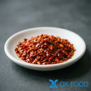 Chili slices CF-C20 -- bright red sun-dried chili flakes in white ceramic sample dish