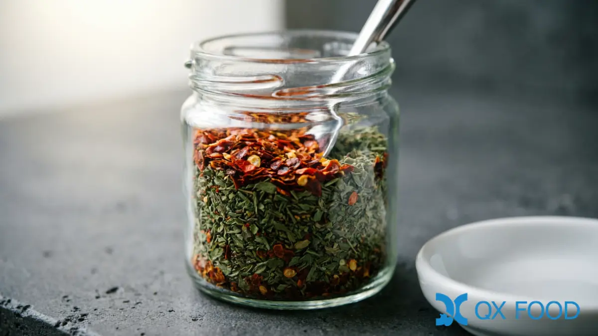 CF-C20 chili slices in Italian or pizza seasoning spice blend -- visible red flakes among herbs