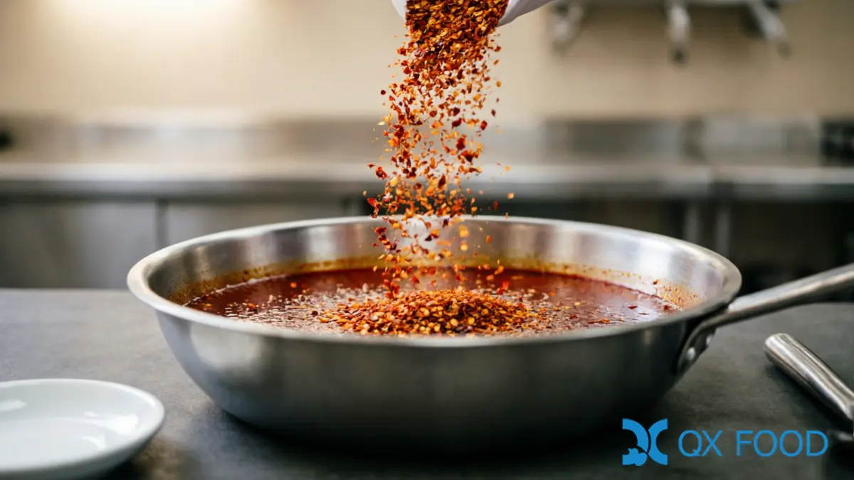 Economical Chili Flakes CFE-C17 -- Cost-Effective Chili for Foodservice and Bulk Manufacturing 2 CFE-C17 chili flakes used in foodservice kitchen -- bulk chili in commercial setting