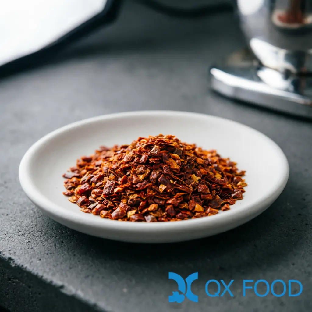 Economical Chili Flakes CFE-C17 -- Cost-Effective Chili for Foodservice and Bulk Manufacturing 1 Economical chili flakes CFE-C17 -- dried red chili flakes in white ceramic sample dish