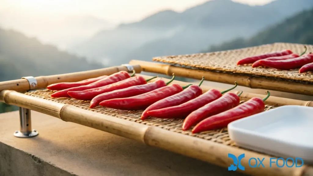 Chili peppers drying on raised bamboo racks at a Chinese spice farm -- clean traditional sun-drying method