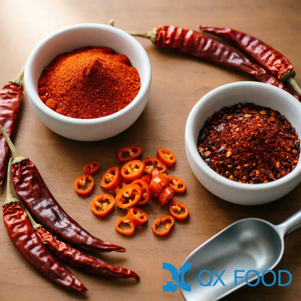 Various dried chili forms -- powder, flakes, crushed, rings -- as a food industry ingredient guide