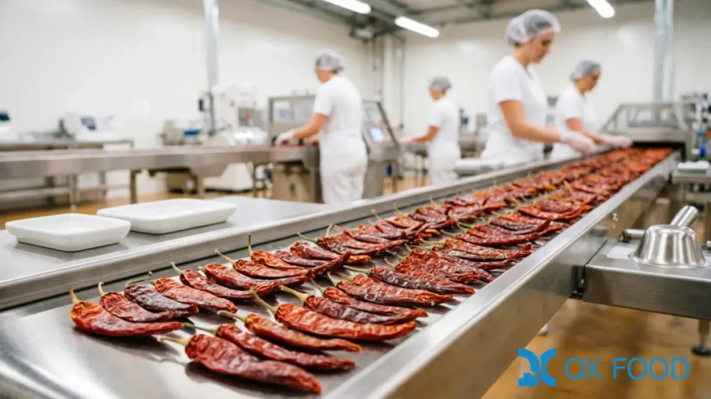 Clean industrial chili processing facility with dried chilies on stainless steel sorting tables