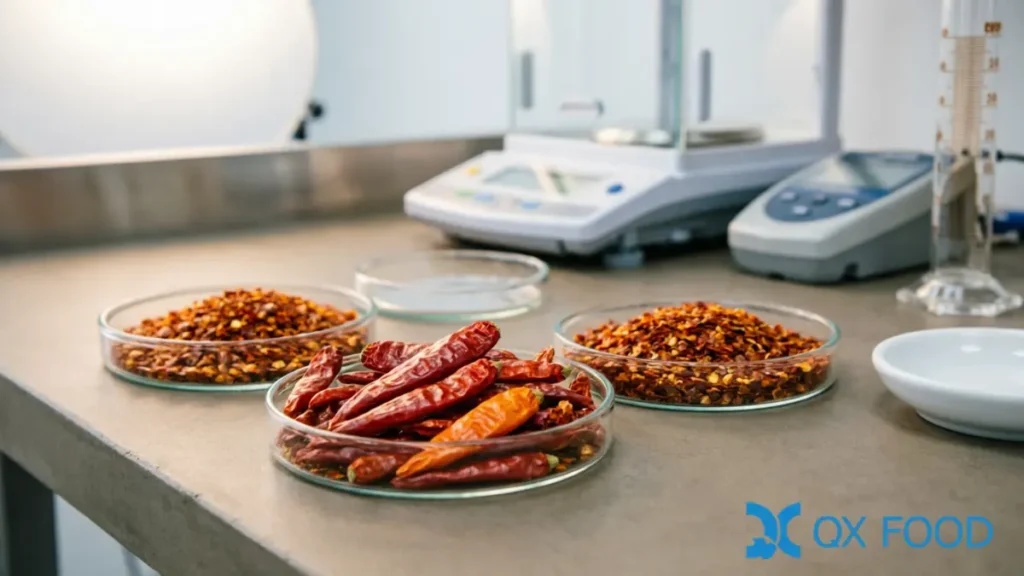 Fresh glossy chili peppers arranged by heat level -- from mild bell to hot habanero -- cinematic produce photography