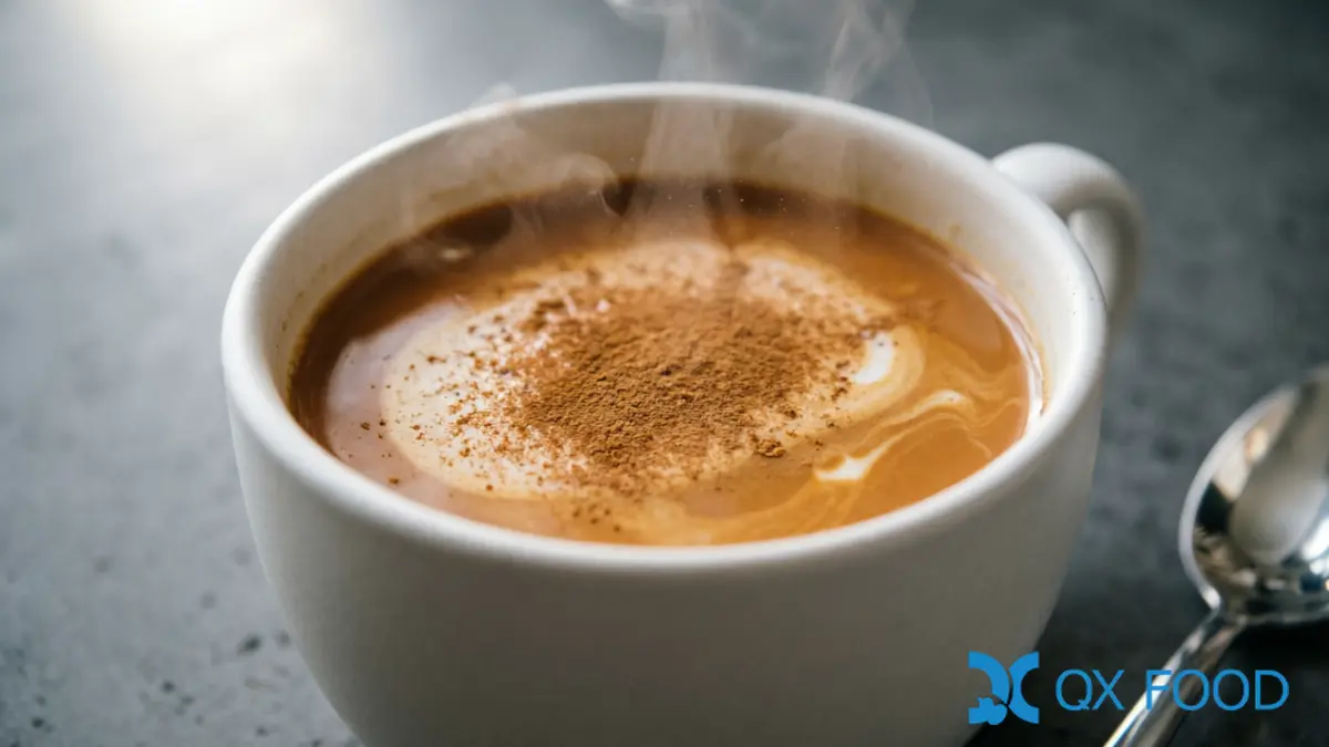 Cinnamon powder stirred into a warm latte with steam rising