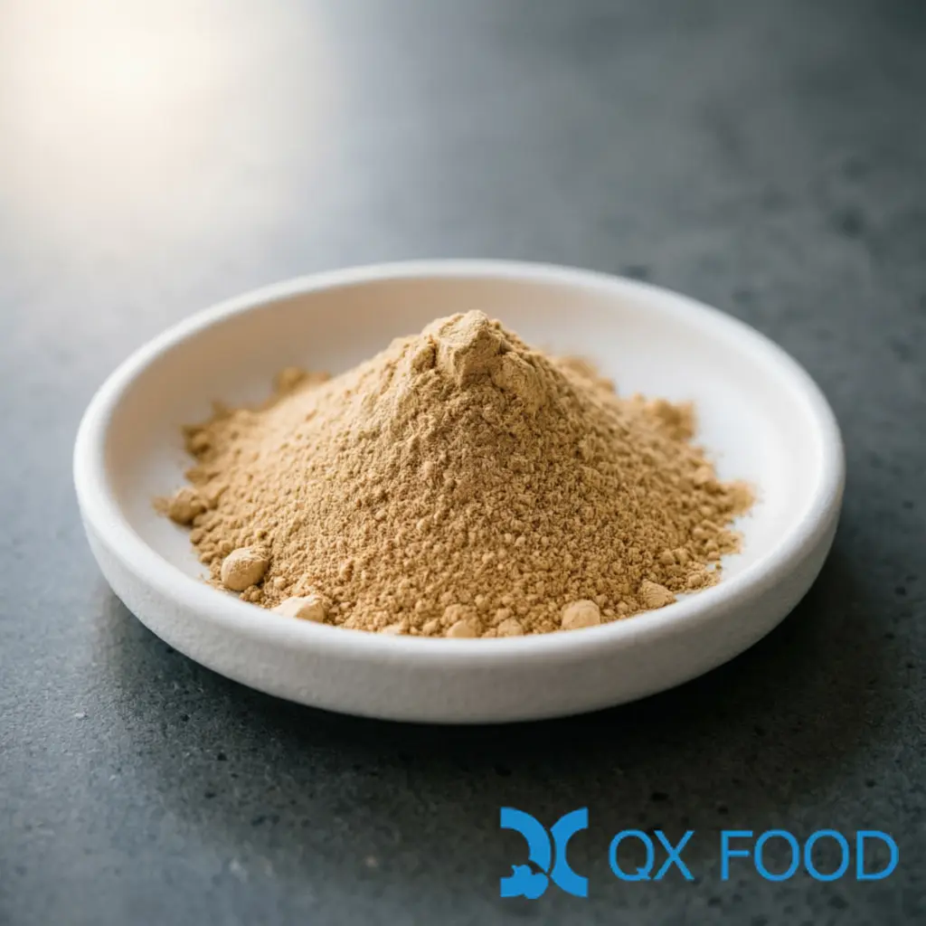 Ginger Powder DGP-W01 -- Pure Ground Dried Ginger for Food Manufacturing 1 Ginger powder DGP-W01 -- light brown fine powder in white ceramic sample dish