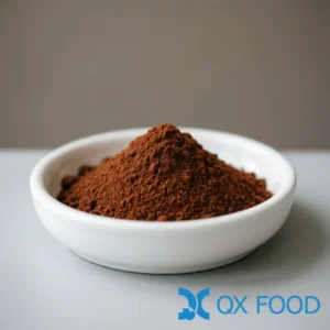 Brewed soy sauce powder FSP-CB brownish-red fine powder in a white ceramic sample dish on a neutral studio background
