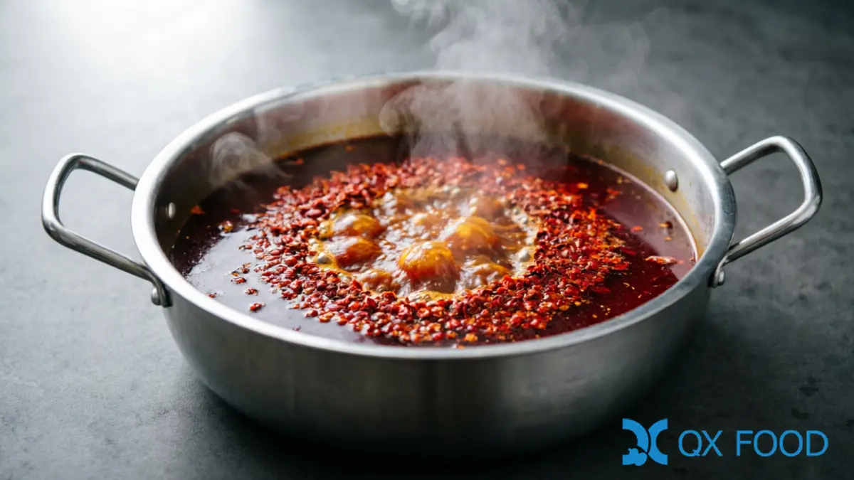 HCC-C19 crushed chili visible in mala hot pot broth -- red chili particles floating on surface