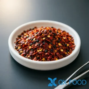 Extra hot chili crushed HCC-C19 -- red crushed particles with seeds and skin fragments in white ceramic dish