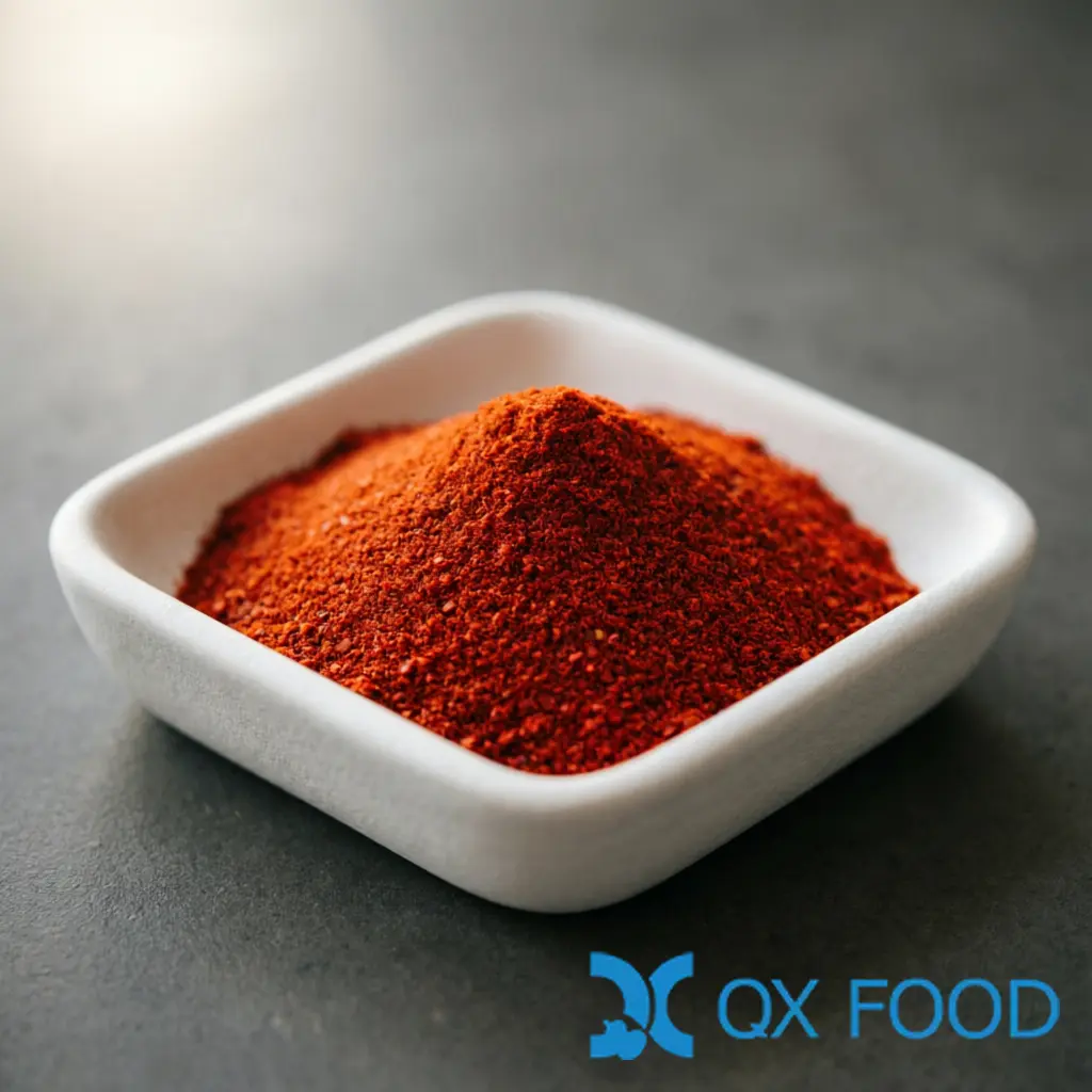 Hot Chili Powder HCP-C14 -- Extra Hot, Fine Grind for Snack Coating and Mala Seasoning 1 Hot chili powder HCP-C14 -- fine bright red powder in white ceramic sample dish