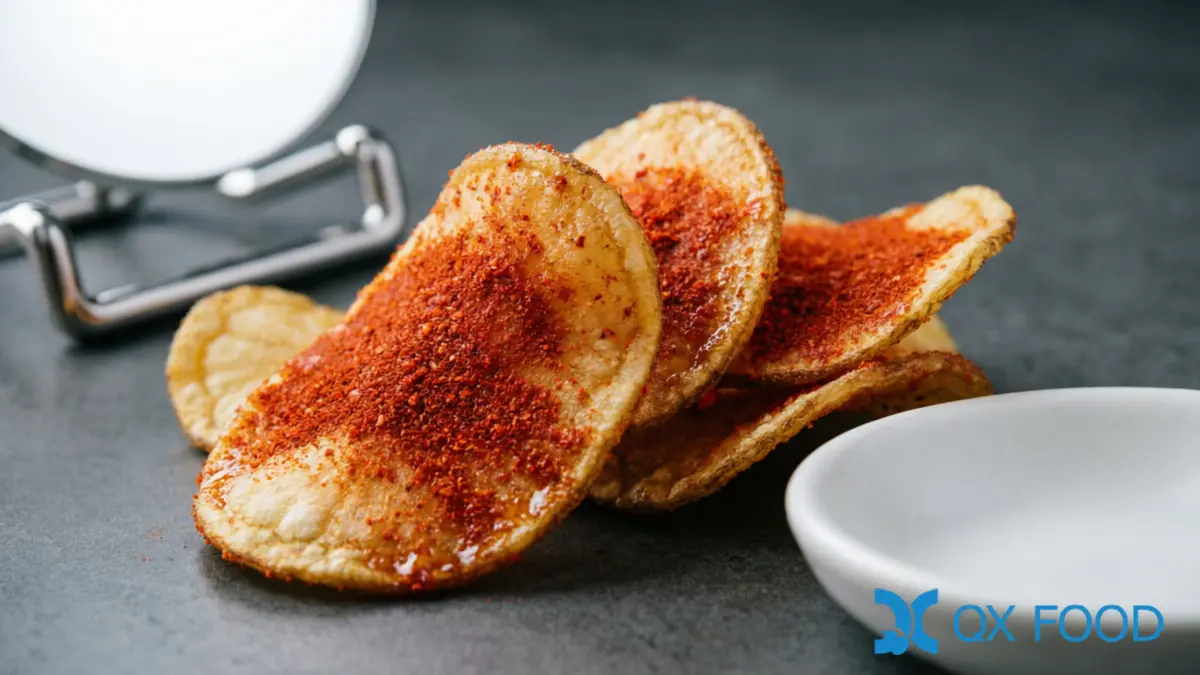Hot Chili Powder HCP-C14 -- Extra Hot, Fine Grind for Snack Coating and Mala Seasoning 2 HCP-C14 hot chili powder used on spicy coated snacks -- red chili seasoning on chips