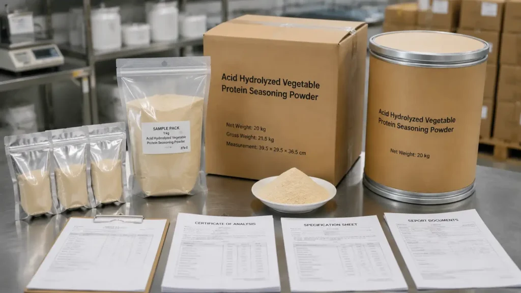 Acid Hydrolyzed Vegetable Protein Seasoning Powder HVP-H01 6 HVP powder packaging sample bags 20 kg carton COA and export documents for B2B buyers