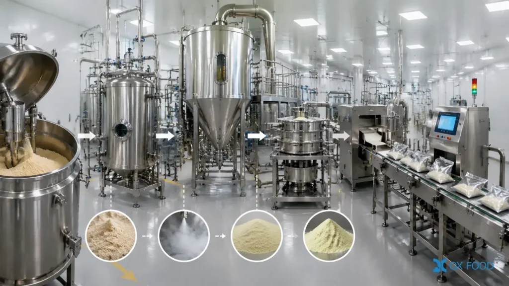 Acid Hydrolyzed Vegetable Protein Seasoning Powder HVP-H01 4 Soy HVP powder blending sterilization spray drying sieving magnetic separation packaging and metal detection process