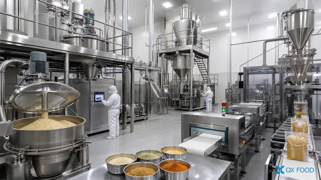 Acid Hydrolyzed Vegetable Protein Powder for Marinades HVP-H02 4 HVP powder blending sterilization spray drying mixing sieving magnetic separation packaging and metal detection