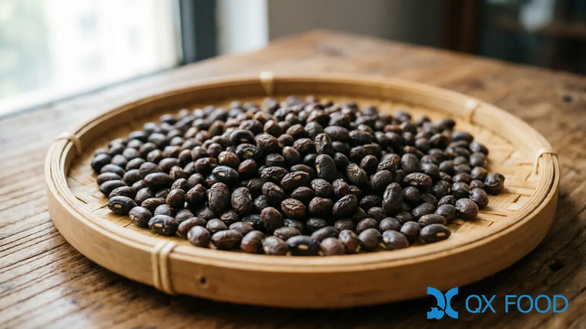 Traditional Yongchuan fermented black beans on bamboo tray