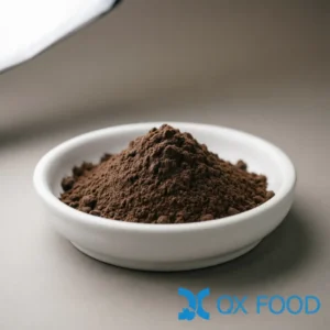 Fermented bean powder LSP-H11 dark brown fine powder in a white ceramic sample dish on a neutral studio background