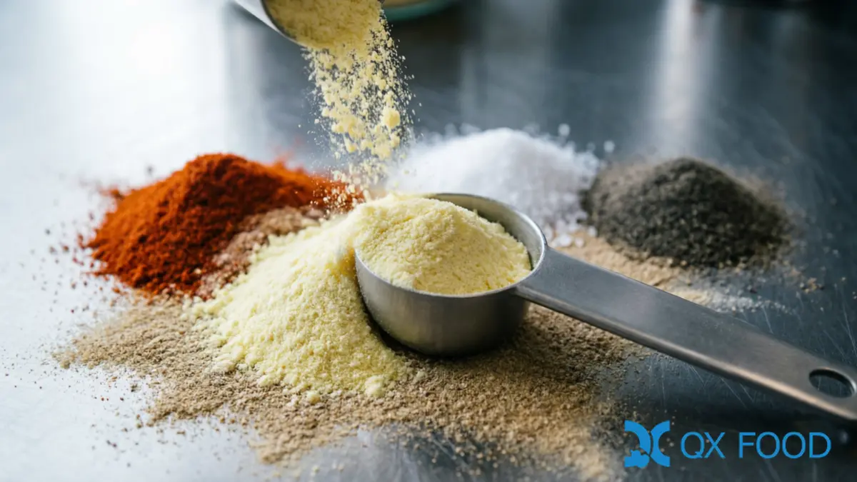 Dry compound seasoning blend with onion powder and spices on dark surface