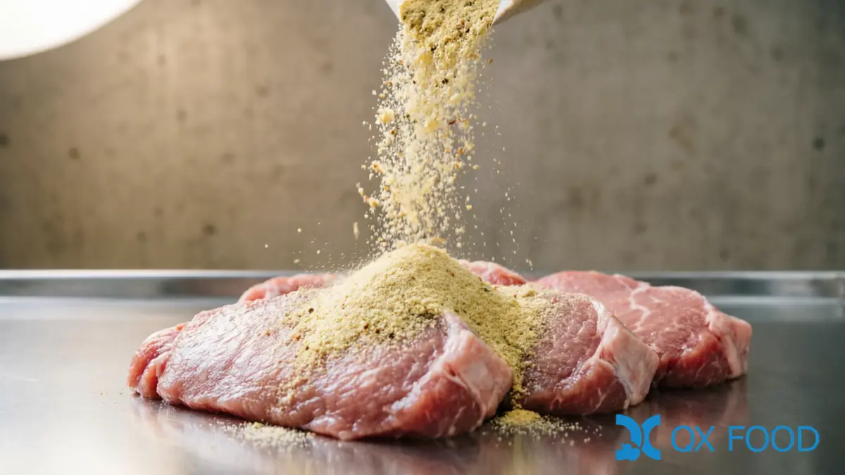Dry rub with onion powder applied to meat on stainless steel surface