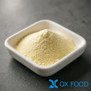Onion powder OP-B03 -- pale yellow fine powder in white ceramic sample dish on dark grey surface, B2B product photography style