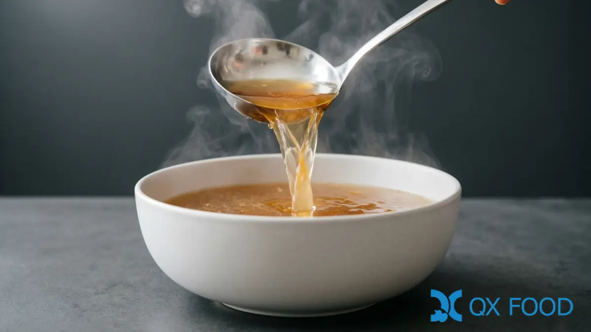 Clear broth with onion powder seasoning ladled into white ceramic bowl