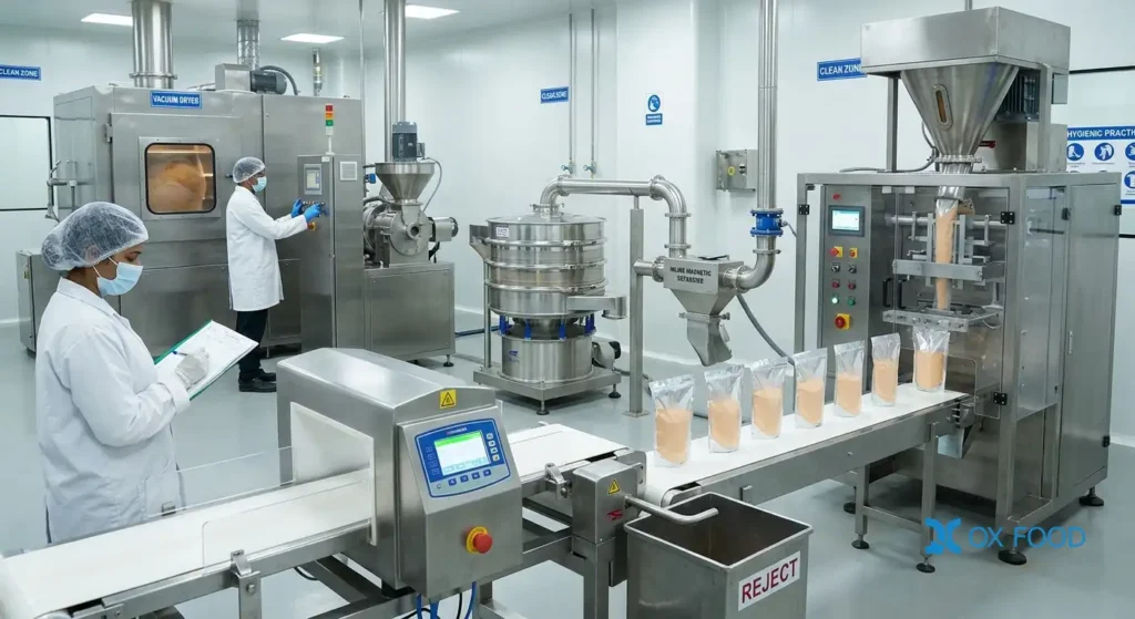 Broad Bean Paste Powder for Instant Noodle Seasoning and Soup Bases - SP-H10 4 Pixian Doubanjiang powder vacuum drying grinding sieving magnetic separation packaging and metal detection process