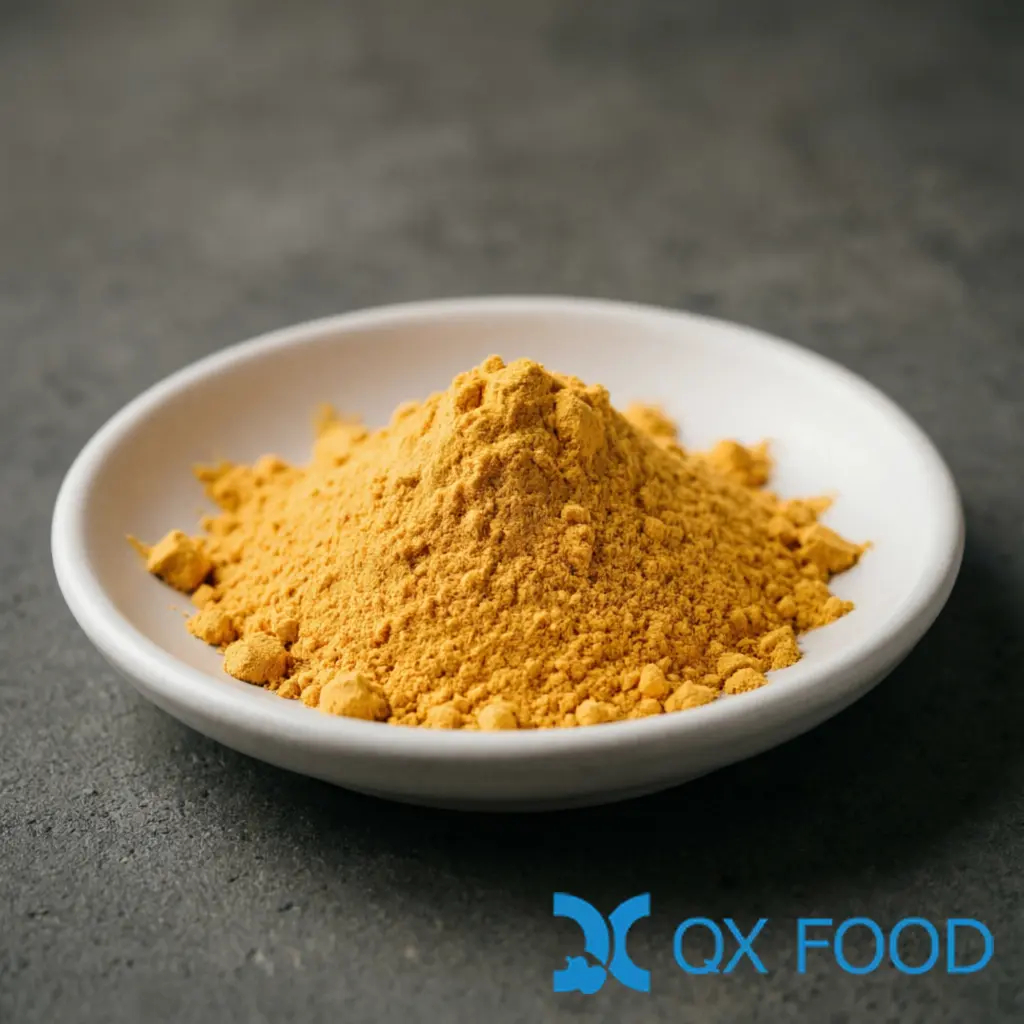 Pumpkin Powder PKP-H22 -- Spray-Dried, 93% Pumpkin Pulp for Food Manufacturing 1 Pumpkin powder PKP-H22 -- golden-yellow fine powder in white ceramic sample dish