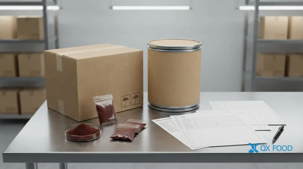 Red Fermented Bean Curd Powder for Sauce Packets - FRP-H13 6 Red Fermented Bean Curd Powder packaging sample bags cartons fiber drum COA and export documents for B2B buyers