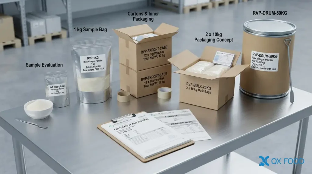Rice Vinegar Powder for Instant Seasoning and Sauce Packets VNP-H07 6 Rice vinegar powder packaging sample bags cartons COA and export documents for B2B buyers