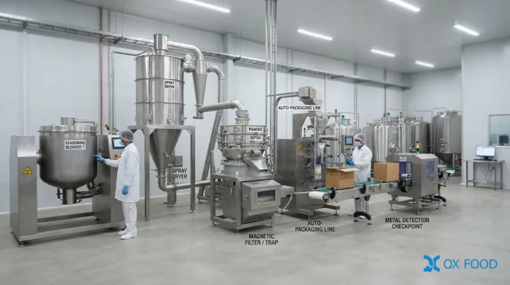 Rice Vinegar Powder for Instant Seasoning and Sauce Packets VNP-H07 4 Rice vinegar powder blending spray drying screening magnetic separation packaging and metal detection process