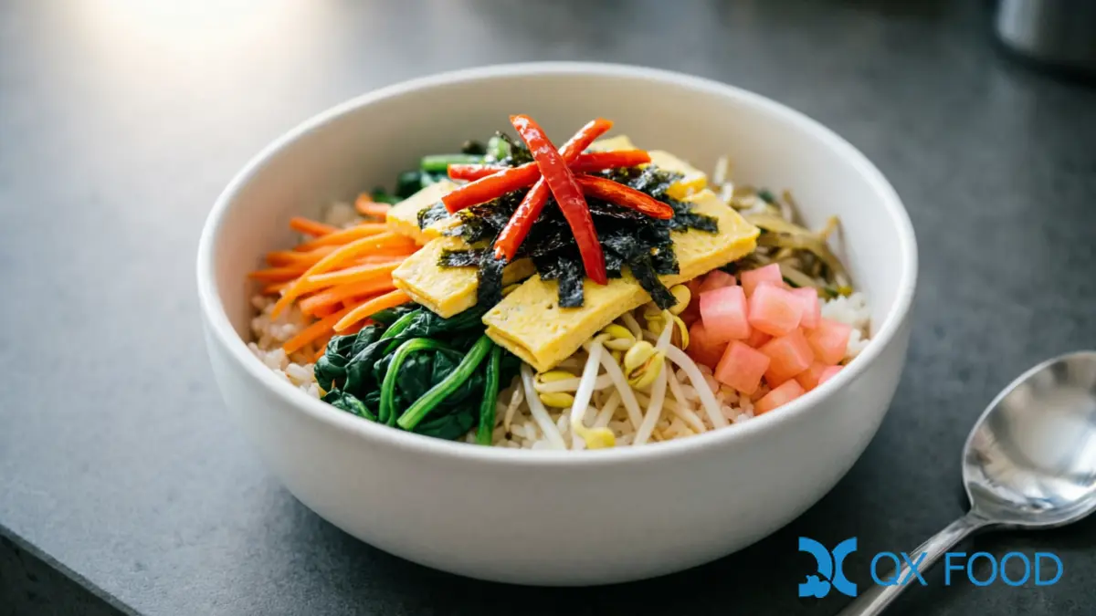 Fine Chili Strips SCT-C18 -- Thin Cut Strips for Korean Banchan, Japanese Ramen and East Asian Cuisine 5 SCT-C18 fine chili strips on bibimbap -- red strips as color element