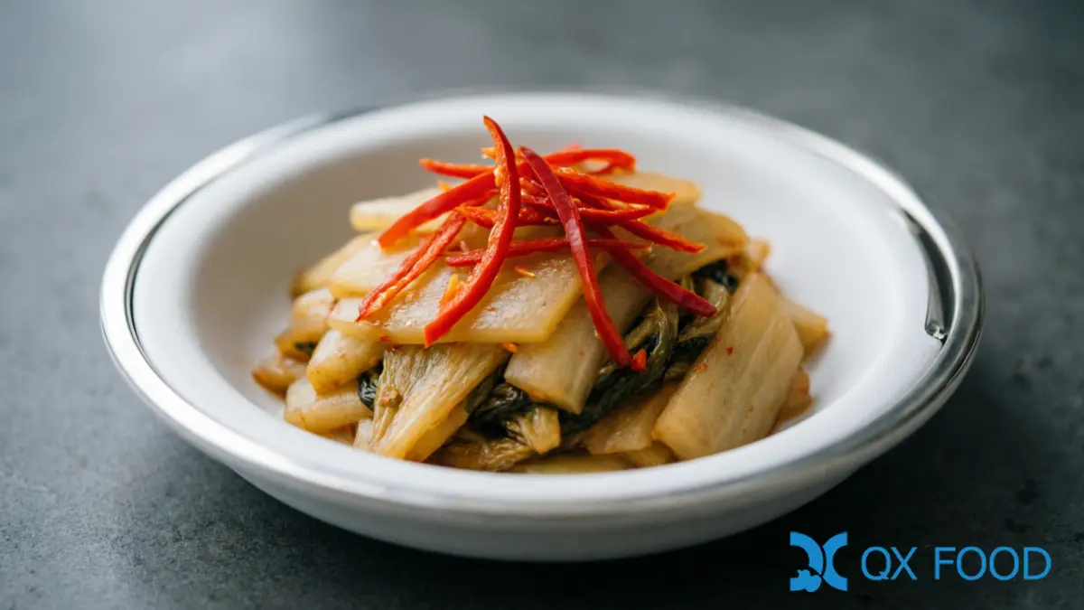 Fine Chili Strips SCT-C18 -- Thin Cut Strips for Korean Banchan, Japanese Ramen and East Asian Cuisine 3 SCT-C18 fine chili strips on Korean banchan -- delicate red strips on seasoned vegetables