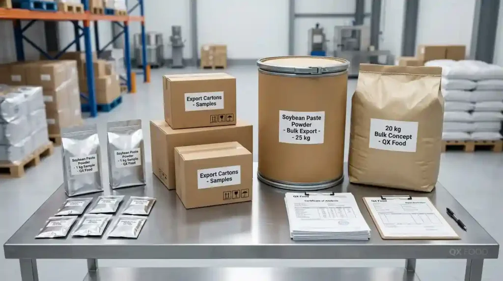 Soybean Paste Powder for Instant Noodle Seasoning and Sauce Bases - SP-H09 6 Soybean paste powder packaging sample bags cartons fiber drum COA and export documents for B2B buyers