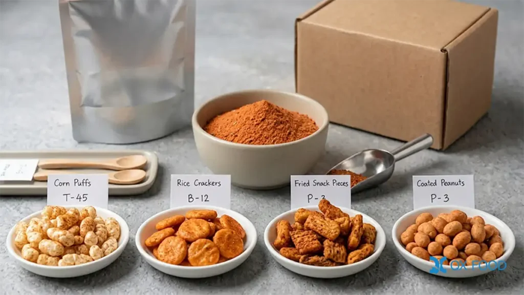 Sweet Sour Tomato Seasoning Powder for Snacks and Coatings TMP-H15 3 Tomato snack seasoning powder on puffed snacks fried foods crackers and coated nuts