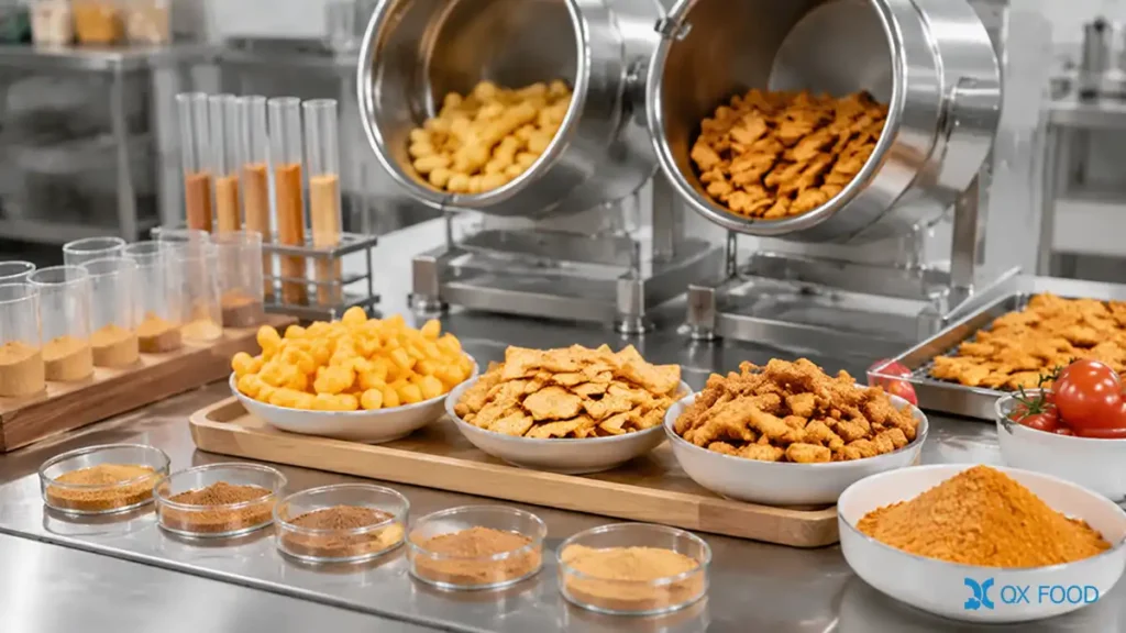 Tomato Flavor Seasoning Powder for Puffed Snacks TMP-H17 3 Tomato seasoning powder coating tests on corn puffs rice crackers and fried snacks