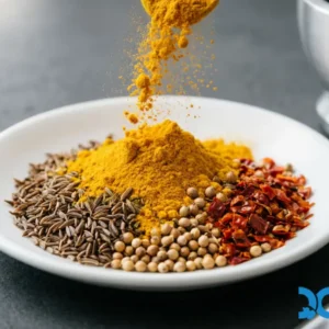 Turmeric powder TP-K37 being blended into a curry spice mix with cumin, coriander, and chili