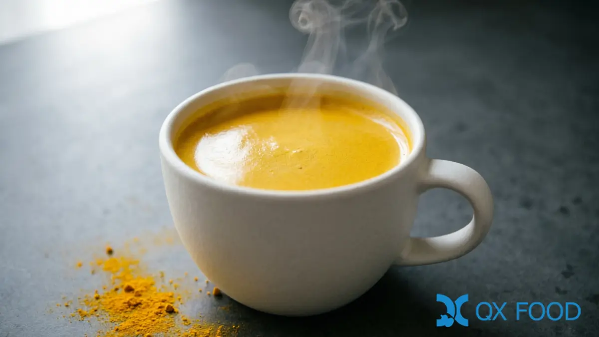 Golden milk latte with turmeric powder TP-K37 -- warm beverage with steam
