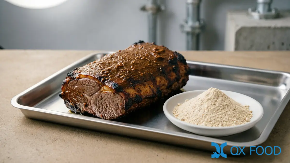 Angelica Dahurica Powder ADP-W02 ; Natural Meat Deodorant for Food Manufacturing | QXFOOD 4 Grilled lamb or duck meat on stainless steel tray beside angelica dahurica powder sample dish on dark surface