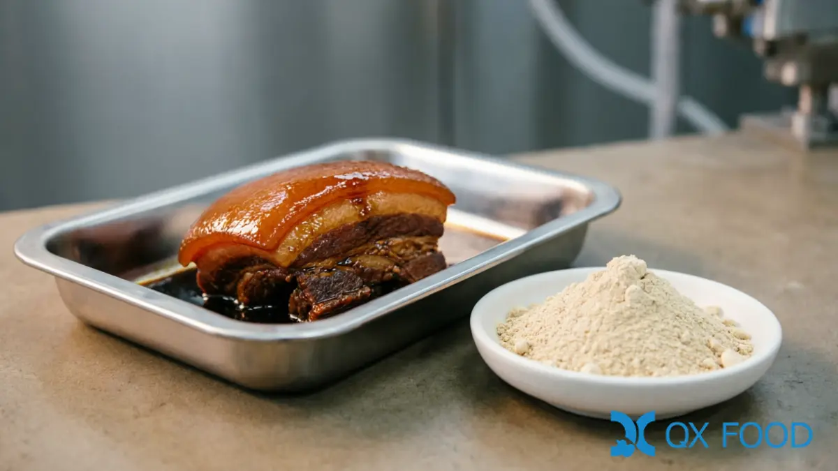 Angelica Dahurica Powder ADP-W02 ; Natural Meat Deodorant for Food Manufacturing | QXFOOD 2 Braised pork belly or soy-braised meat on stainless steel tray beside angelica dahurica powder sample dish on dark surface