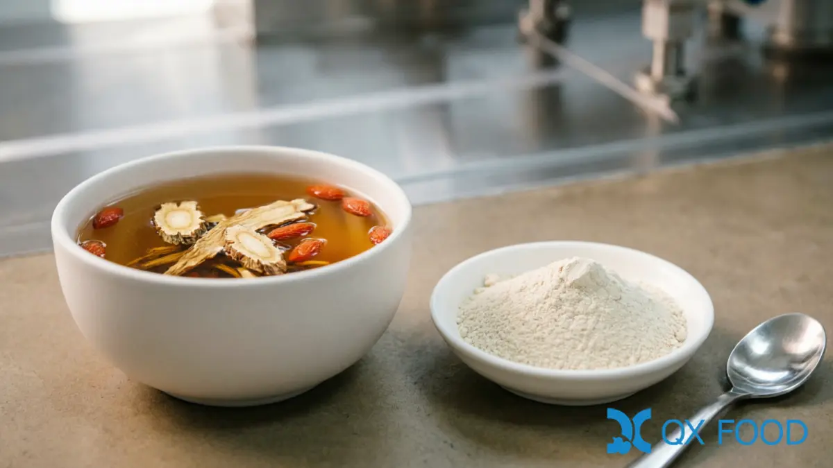 Angelica Dahurica Powder ADP-W02 ; Natural Meat Deodorant for Food Manufacturing | QXFOOD 3 Herbal medicinal soup in ceramic bowl beside angelica dahurica powder sample dish on dark surface