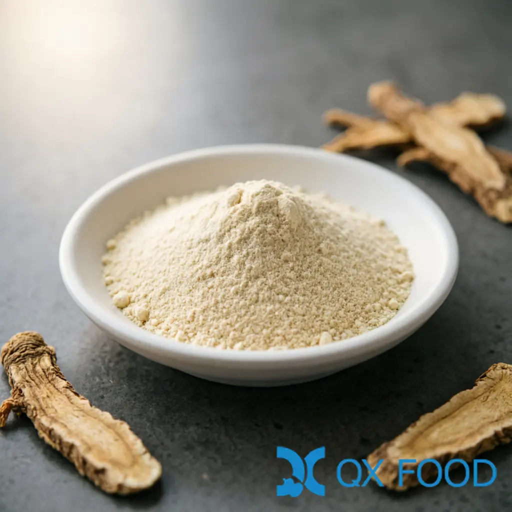 Angelica Dahurica Powder ADP-W02 ; Natural Meat Deodorant for Food Manufacturing | QXFOOD 1 Angelica dahurica powder ADP-W02 off-white pale cream fine powder in white ceramic sample dish on dark surface with dried angelica root slices scattered nearby