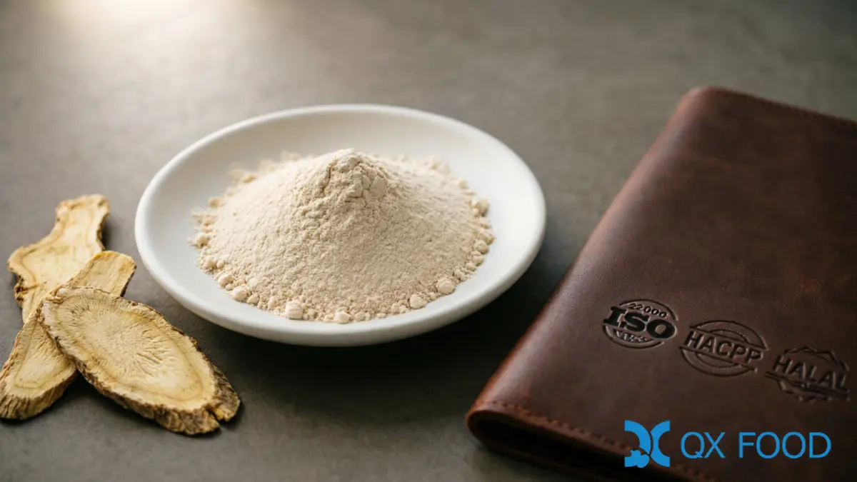 Angelica Dahurica Powder ADP-W02 ; Natural Meat Deodorant for Food Manufacturing | QXFOOD 5 Quality documentation folder and ISO HACCP HALAL certificate seals beside angelica dahurica powder sample on dark industrial desk